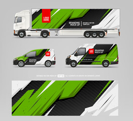 Vector Van, Truck trailer mockup with branding and corporate identity decal. Abstract graphics for business background. Flyer or wrap design. Editable template
