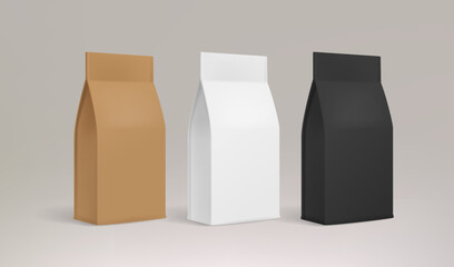 Realistic food zip-package mock-ups - editable vector template. Coffee or tea paper pouch mockup for brand design. Stand-up foil or paper pouch design