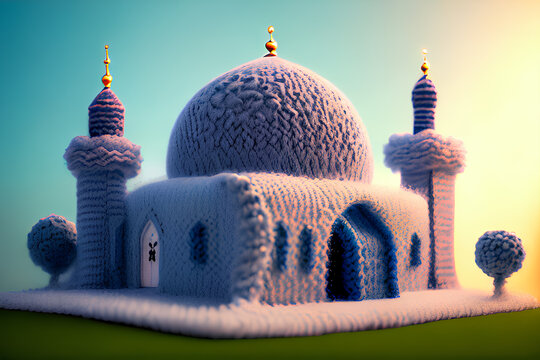 Generative AI. miniature of colorful mosque buildings made of wool. Wolization style on blurred background. Suitable for Ramadan, Eid al-Fitr and Eid al-Adha.