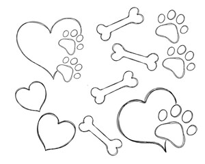 Dog footprints and a heart with a dog bone. Love for a pet. dog paw. Paw doodle illustration