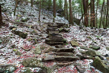 Hiking the Fiery Gizzard trail up mountain rock steps with a winter scene. In South Cumberland State Park, Tracy City, Tennessee USA.