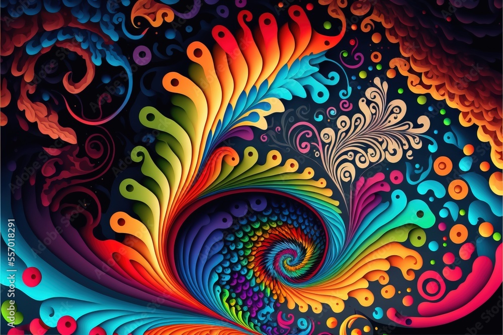 Poster a colorful painting with a swirly design on it's side and a black background with a white border., g