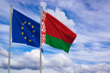 European Union and Republic of Belarus Flags Over Blue Sky Background. 3D Illustration