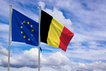 European Union and Kingdom of Belgium Flags Over Blue Sky Background. 3D Illustration
