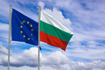 European Union and Republic of Bulgaria Flags Over Blue Sky Background. 3D Illustration
