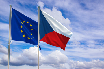 European Union and Czech Republic Flags Over Blue Sky Background. 3D Illustration