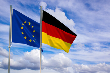 European Union and Federal Republic of Germany Flags Over Blue Sky Background. 3D Illustration