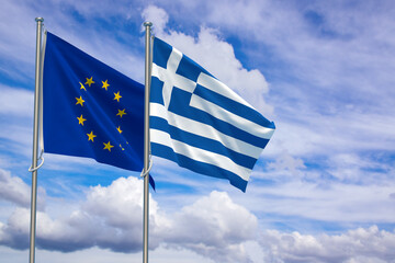 European Union and Hellenic Republic Flags Over Blue Sky Background. 3D Illustration