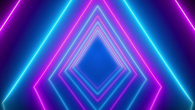 Video animation of glowing neon tunnel in blue and magenta on reflecting floor. - Abstract background - seamless loop