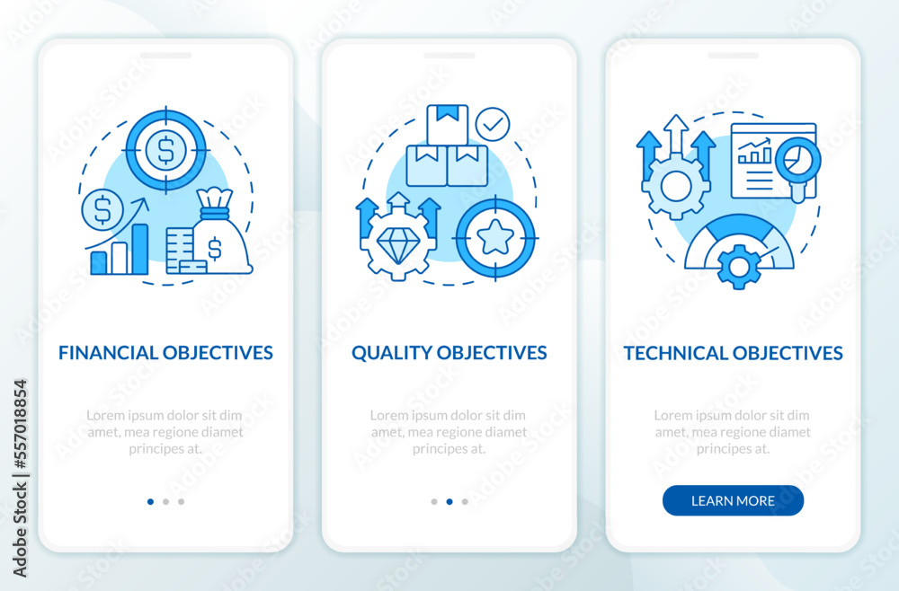 Poster objectives in project management blue onboarding mobile app screen. walkthrough 3 steps editable gra