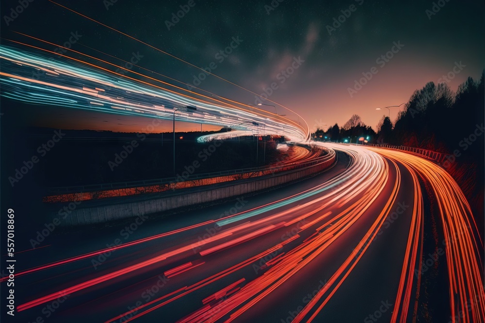 Poster a long exposure photo of a highway at night with lights on it and trees in the background with a sky