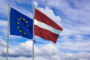 European Union and Republic of Latvia Flags Over Blue Sky Background. 3D Illustration