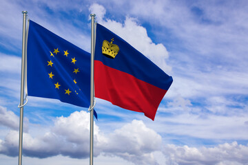 European Union and Principality of Liechtenstein Flags Over Blue Sky Background. 3D Illustration