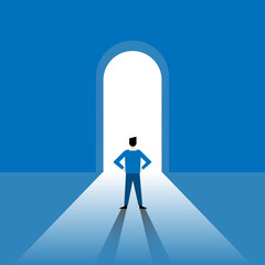 Vector leader businessman standing front of light gate journey of work choice concept