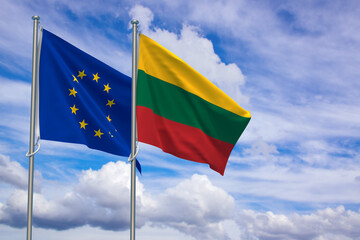 European Union and Republic of Lithuania Flags Over Blue Sky Background. 3D Illustration