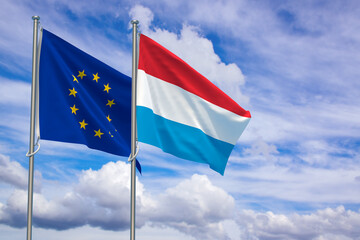 Fototapeta na wymiar European Union and Grand Duchy of Luxembourg Flags Over Blue Sky Background. 3D Illustration