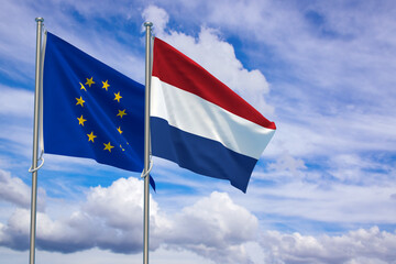 European Union and Netherlands Flags Over Blue Sky Background. 3D Illustration