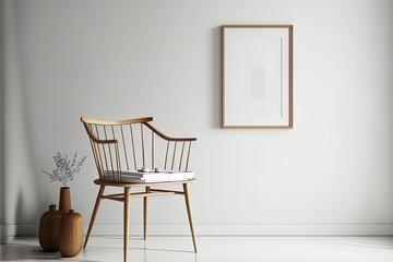 Mockup of a Scandinavian living area with a wooden chair against a blank white backdrop and a simple style. Generative AI