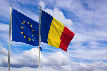 European Union and Romania Flags Over Blue Sky Background. 3D Illustration