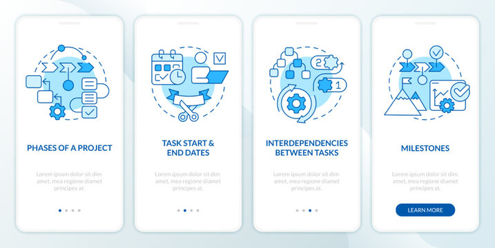Project plan parts blue onboarding mobile app screen. Task management walkthrough 4 steps editable graphic instructions with linear concepts. UI, UX, GUI template. Myriad Pro-Bold, Regular fonts used