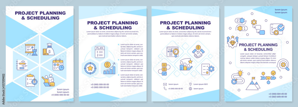 Wall mural Project planning and scheduling blue brochure template. Leaflet design with linear icons. Editable 4 vector layouts for presentation, annual reports. Arial-Black, Myriad Pro-Regular fonts used