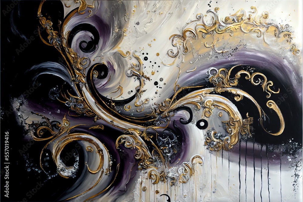 Poster a painting with gold and black swirls on it's surface and a white background with gold and black swi