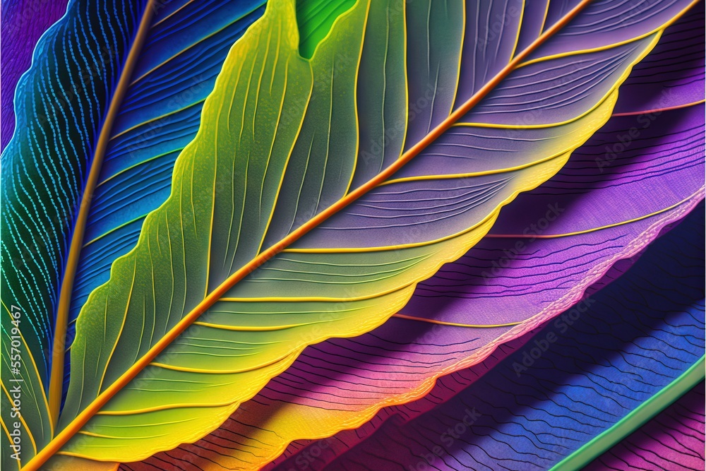Poster a close up of a colorful leaf with a rainbow background and a black border around it with a white bo