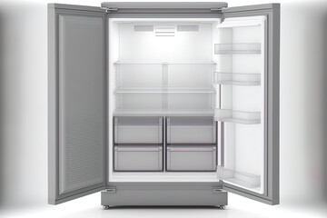 Open refrigerator that is empty, isolated on a white backdrop. Gray freezer with open doors, front view. believable . Generative AI