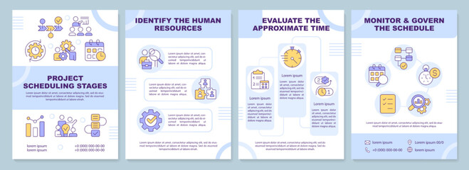 Project scheduling stages blue brochure template. Leaflet design with linear icons. Editable 4 vector layouts for presentation, annual reports. Arial-Black, Myriad Pro-Regular fonts used
