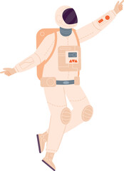 Spaceman pointing finger. Space explorer in suit jumping