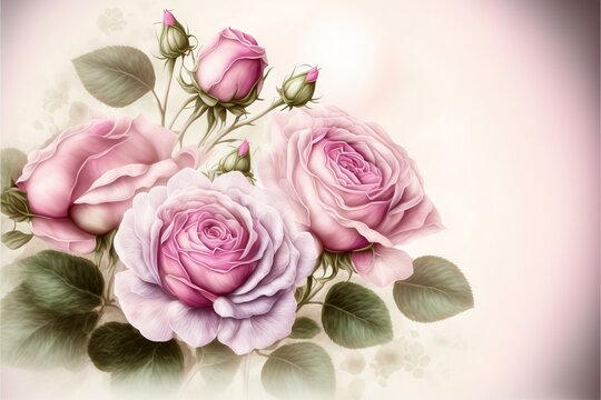 a painting of pink roses with green leaves on a white background with a pink background and a pink background.