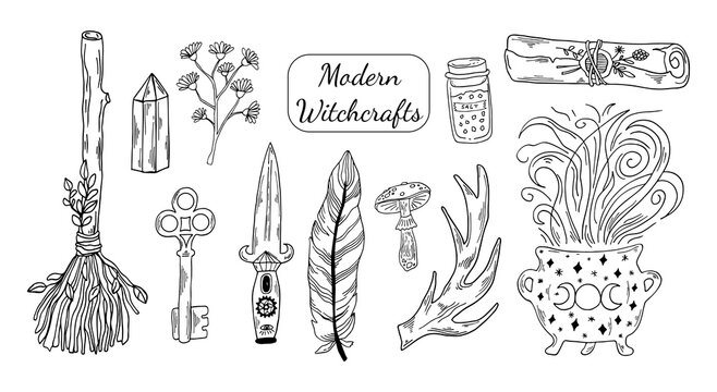 Black outline witchcraft symbols clipart. Hand drawing line art. Feather, deer horn, floral, smagic croll, witch's cauldron and knife modern witch illustration.