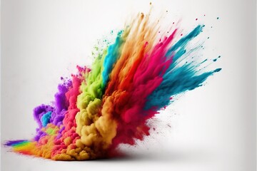 a colorful explosion of powder is flying in the air on a white background with a white background and a white background. Generative AI