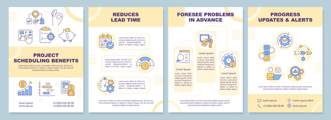 Project scheduling benefits yellow brochure template. Leaflet design with linear icons. Editable 4 vector layouts for presentation, annual reports. Arial-Black, Myriad Pro-Regular fonts used