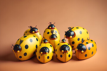 Obraz premium Ladybug shaped colored wooden figurines on a yellow backdrop. Generative AI