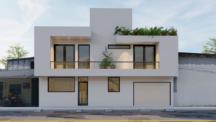Facade of a single-family home, minimalist style made up of two volumes and vegetation