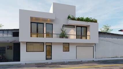 Facade of a single-family home, minimalist style made up of two volumes and vegetation