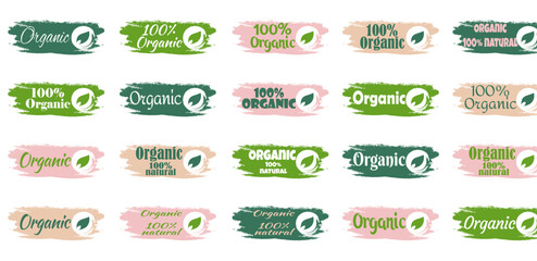 Organic eco natural bio vegan sticker label logo icon. Logo with a pattern of green leaves. Ecological products. Stickers of eco-friendly products. Vector illustration of vegan organic food icons