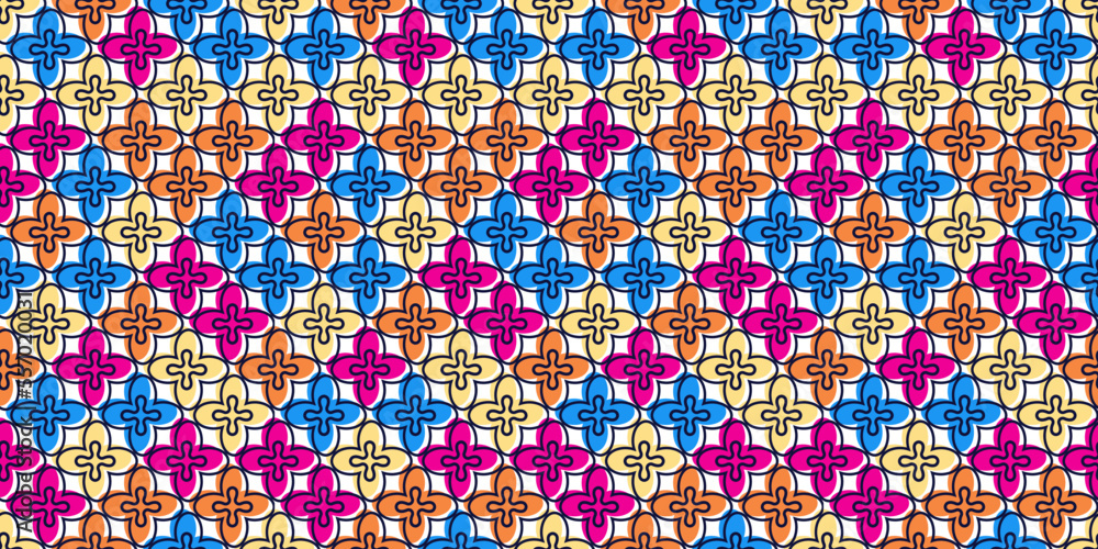 Poster Abstract four petal pattern. Colored shapes create a seamless texture. The print is bright and casual, for seamless packaging, pillows, wallpapers, textiles, backgrounds.