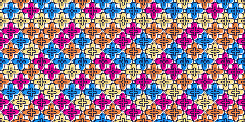 Abstract four petal pattern. Colored shapes create a seamless texture. The print is bright and casual, for seamless packaging, pillows, wallpapers, textiles, backgrounds.