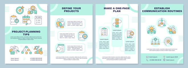 Project planning tips green brochure template. Management. Leaflet design with linear icons. Editable 4 vector layouts for presentation, annual reports. Arial-Black, Myriad Pro-Regular fonts used - obrazy, fototapety, plakaty
