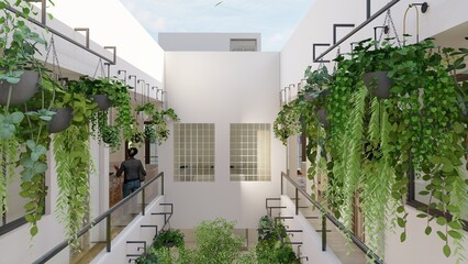 Design of the interior garden of a house, hanging plants