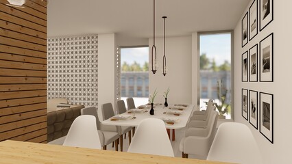 Design of a kitchen - dining room with a wooden island and elegant lighting