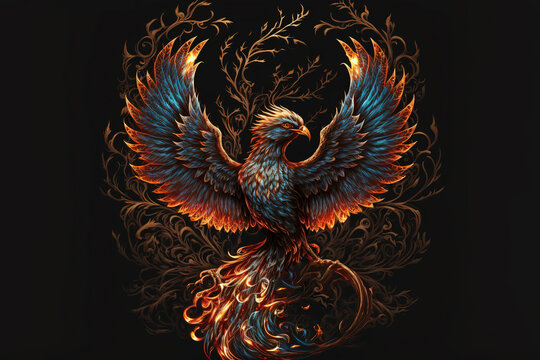 Illustration of a phoenix in fire. Symbol of rebirth. Fenix with burning wings and feathers. Firebird on black background, art illustration