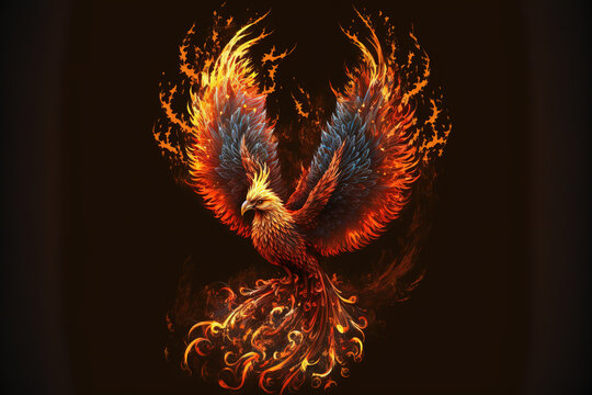 Illustration of a phoenix in fire. Symbol of rebirth. Fenix with burning wings and feathers. Firebird on black background, art illustration