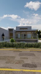 Fototapeta premium Front facade - office center with parking lots and green areas