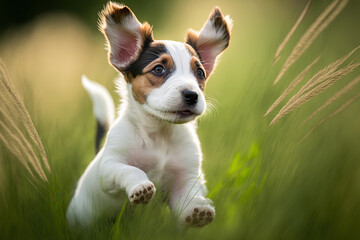 Jack Russell terrier puppy running around in the grass, having fun, and listening with funny ears. Generative AI