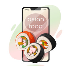 Asian food poster. Sushi rolls in smartphone