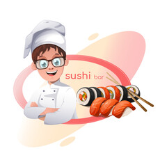 Sushi bar logo with boy chef and Asian rolls