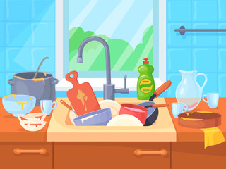 Messy sink with dirty dishes. Cartoon kitchen interior